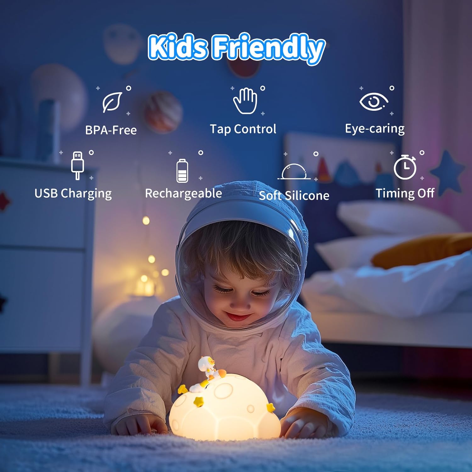 Planet Night Light for Kids, 3 Lightness Auto-Off LED Rechargeable Silicone Squishy Tap Control Beside Lamp, Nursery Night Light for Baby,Gift for Child,Boys and Girls