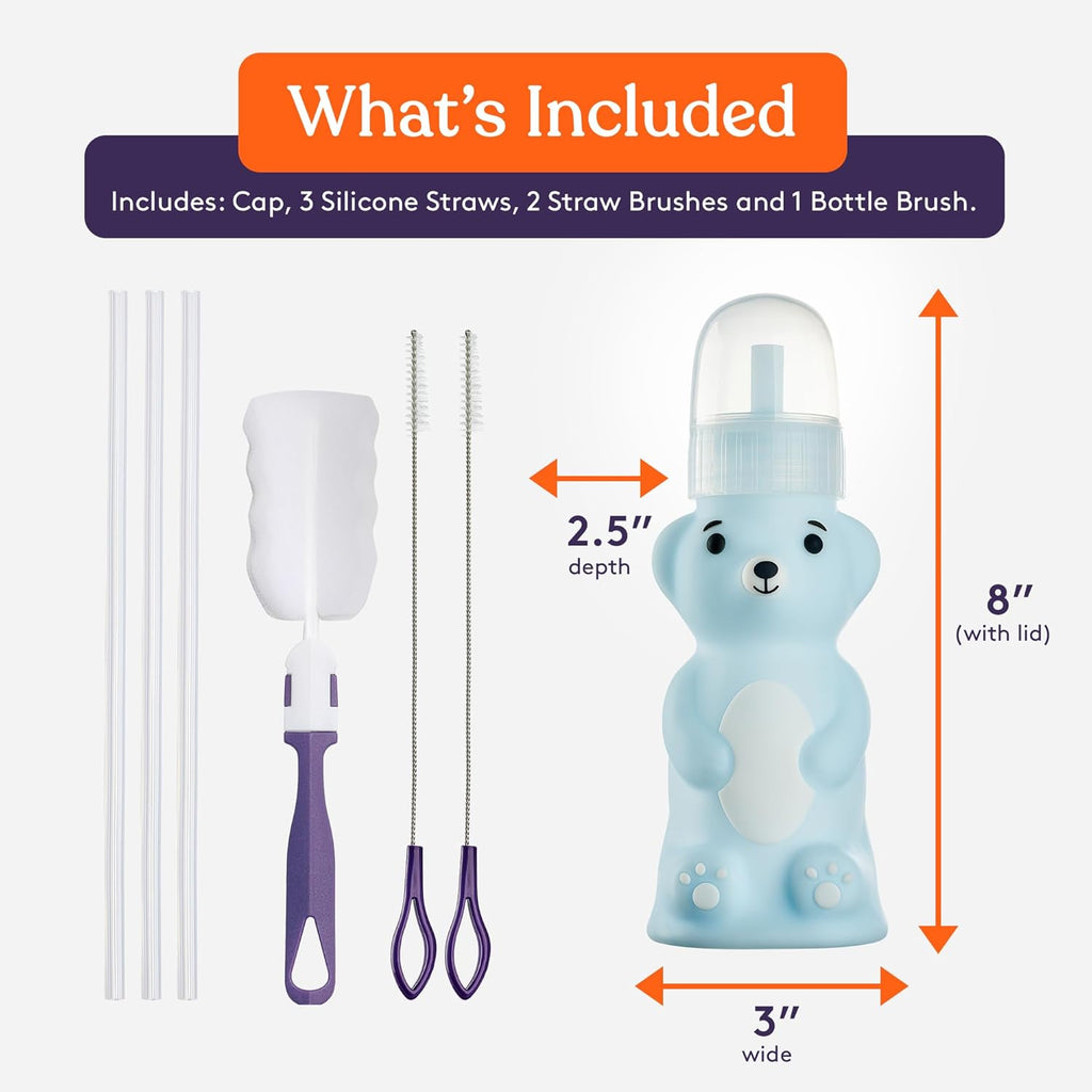 Special Supplies Honey Bear Straw Cup Long Straws, Squeezable Therapy and Special Needs Assistive Drink Container, Spill Proof and Leak Resistant Lid (Pack of 1 Bottle and 3 Straws) (Blue)