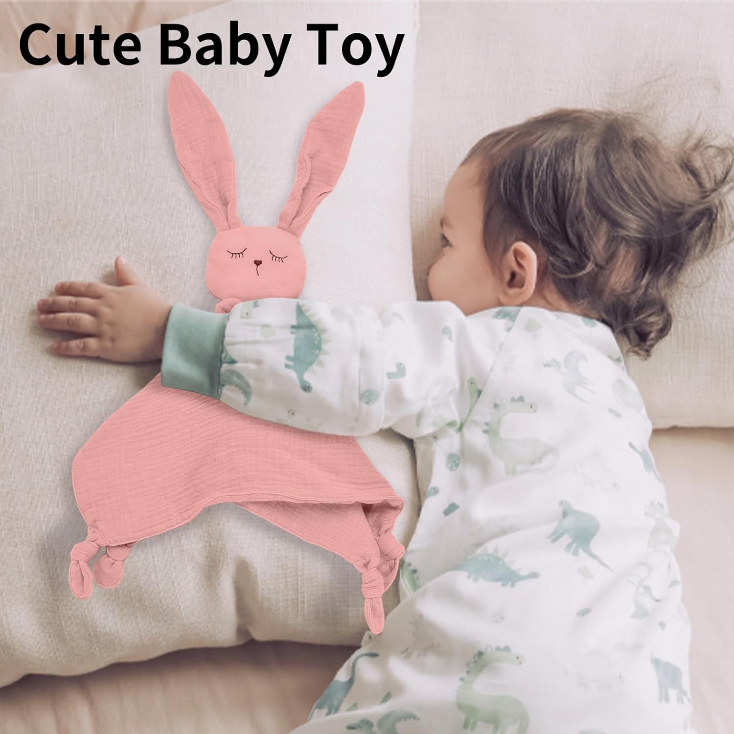 Easter Basket Stuffers, Organic Cotton Muslin Bunny Loveys for Babies Baby Security Blanket Baby Snuggle Toy Newborn Essentials Must Haves(Rabbit-Pink)