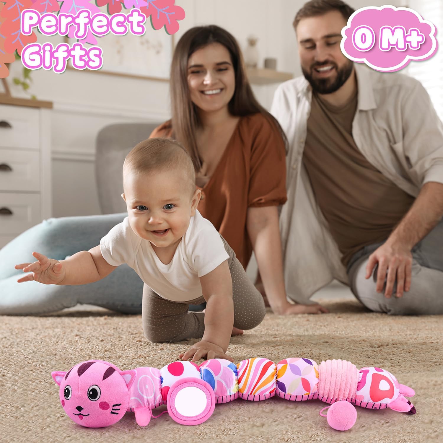 Baby Toys 0 to 12 Months, Stuffed Animal Infant Tummy Time Toys Sensory Toys with Crinkle Rattles Textures and Mirror Gifts for Newborn Boys Girls, Cat Caterpillar Musical Toys (Pink)