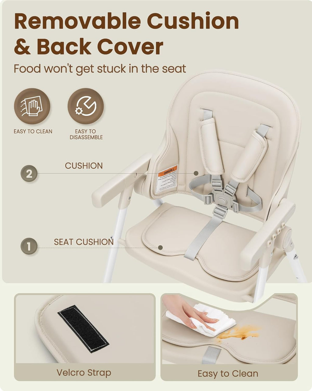 Foldable High Chair, High Chairs for Babies and Toddlers, Dining Chairs and Eating Chair with Adjustable Tray and 5 Point Harness for Infant, Beige