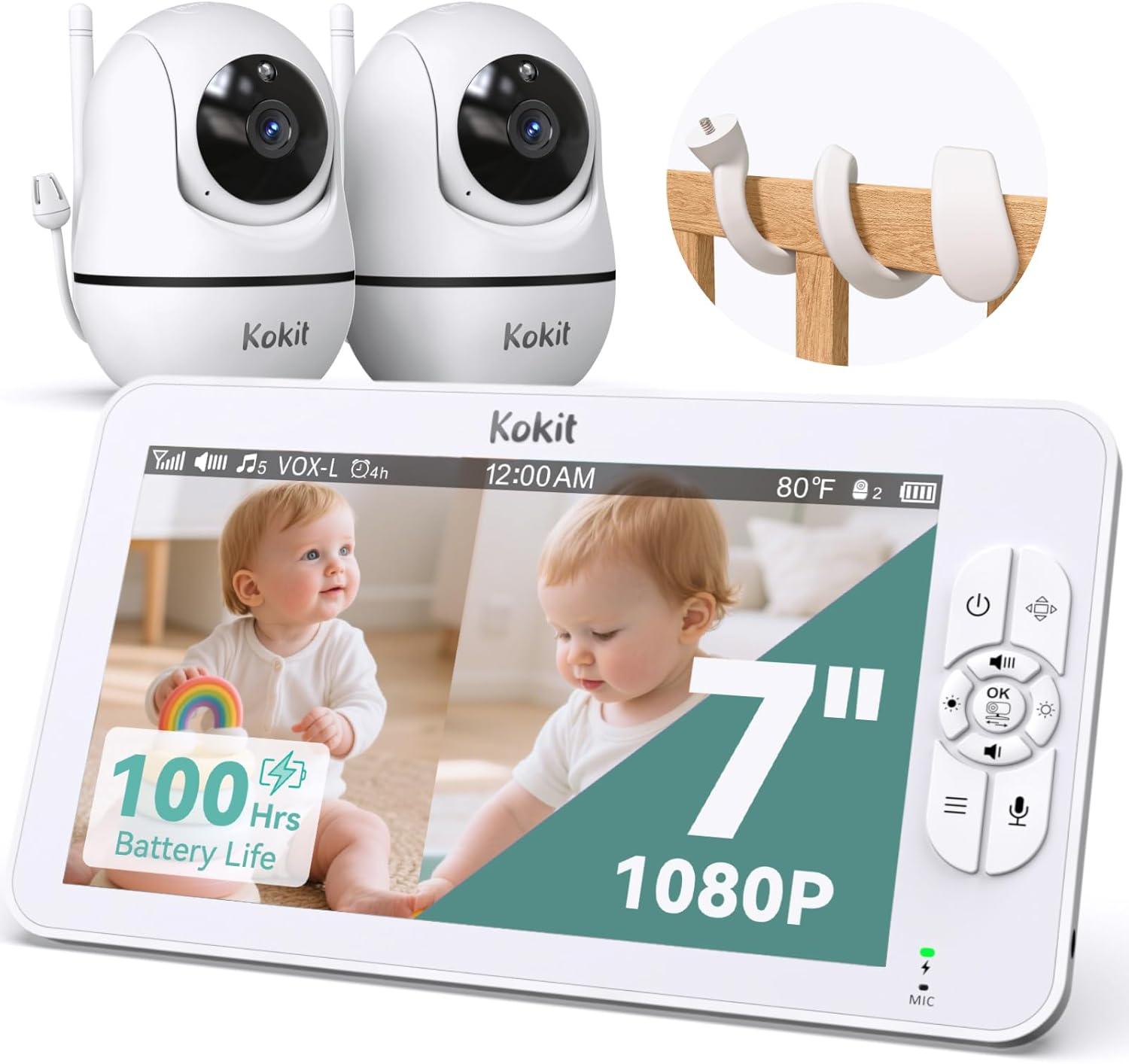 7" 1080P Full HD Split-Screen Baby Monitor,100 Hrs 5000mAh Battery Runs 4 Days with Flexible Bracket,No WiFi Baby Monitor with 2 FHD Cameras Hack-Proof,4X Zoom,2-Way Talk,Temp Alert/Lullabies/VOX