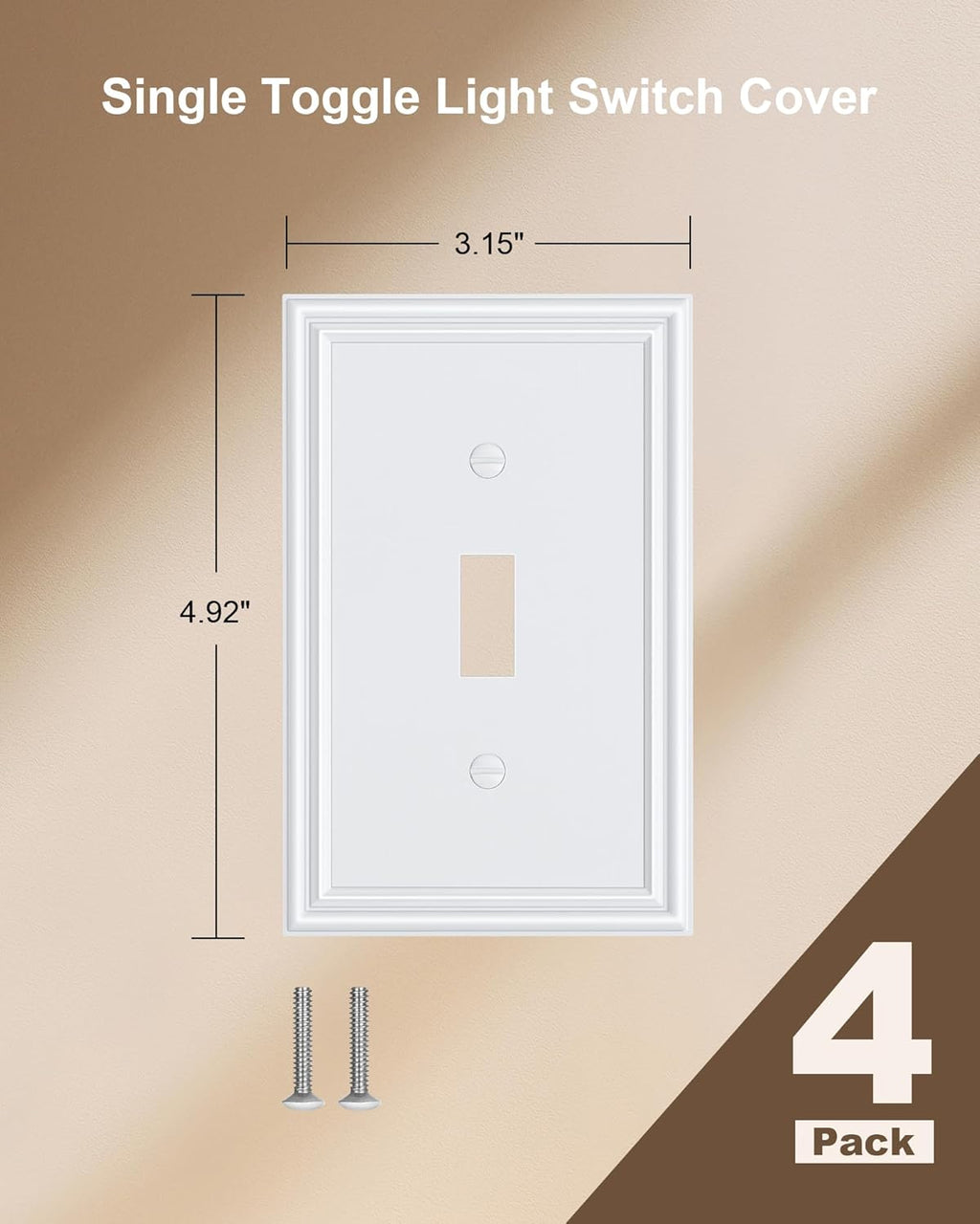 4-Pack Single Toggle Light Switch Cover Plate, Durable Solid Zinc Alloy Decorative Switch Plate Covers, Pure White 1 Gang Wall Plate, Corrosion Resistant