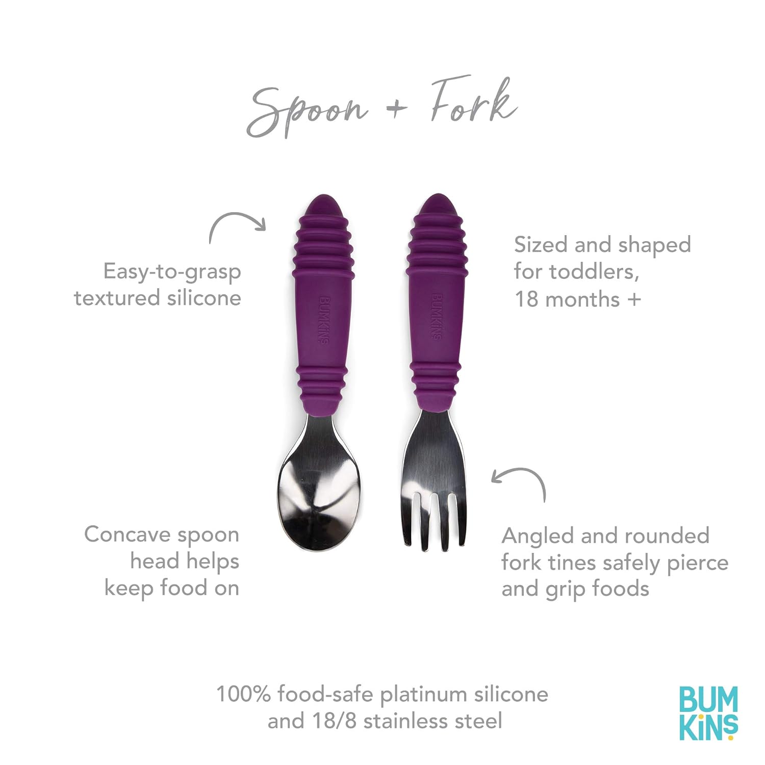 Bumkins Toddler Utensils, Kids Size Fork and Spoon Set, Silicone and Stainless-Steel Training Silverware, Angled Forks / Sporks for Self-Feeding, Children Hold Learning to Eat, 18 Months Up, Purple