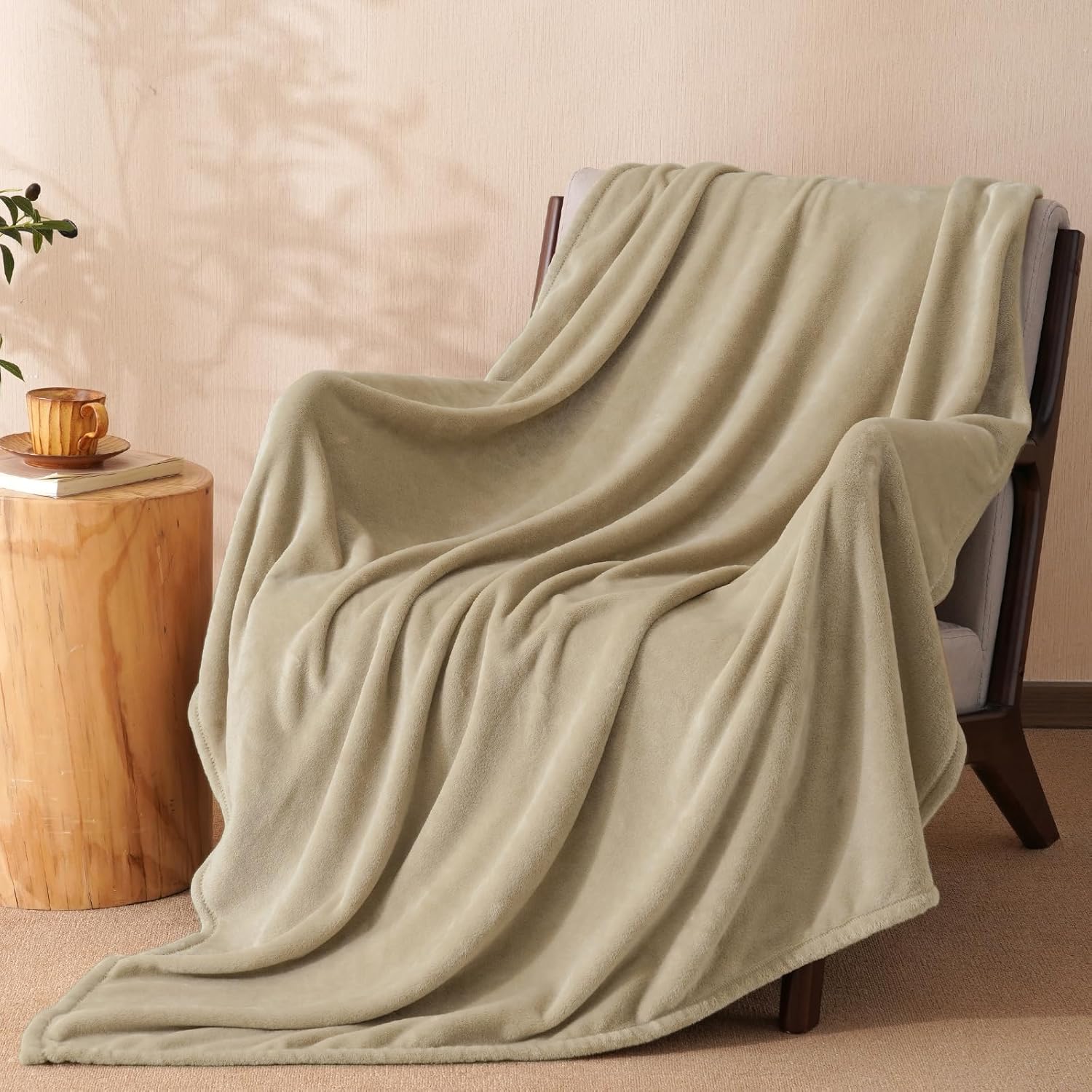 PHF Ultra Soft Fleece Throw Blanket, No Shed No Pilling Luxury Plush Cozy 300GSM Lightweight Blanket for Bed, Couch, Chair, Sofa Suitable for All Season, 50" x 60", Khaki