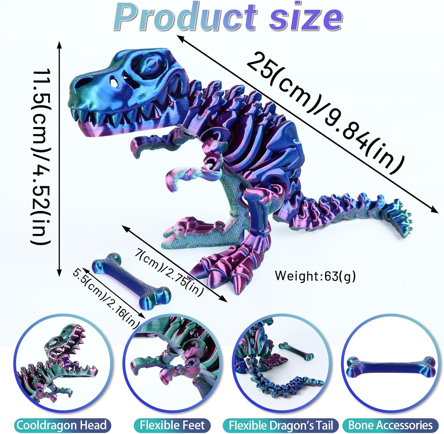 3D Printed Dinosaur Bone Skeleton Tyrannosaurus Rex with Movable Jaw Fidget Dinosaur Toys Full Articulated Dinosaur Executive Desk Toys Home Office Decor, Purple Mix Green-2
