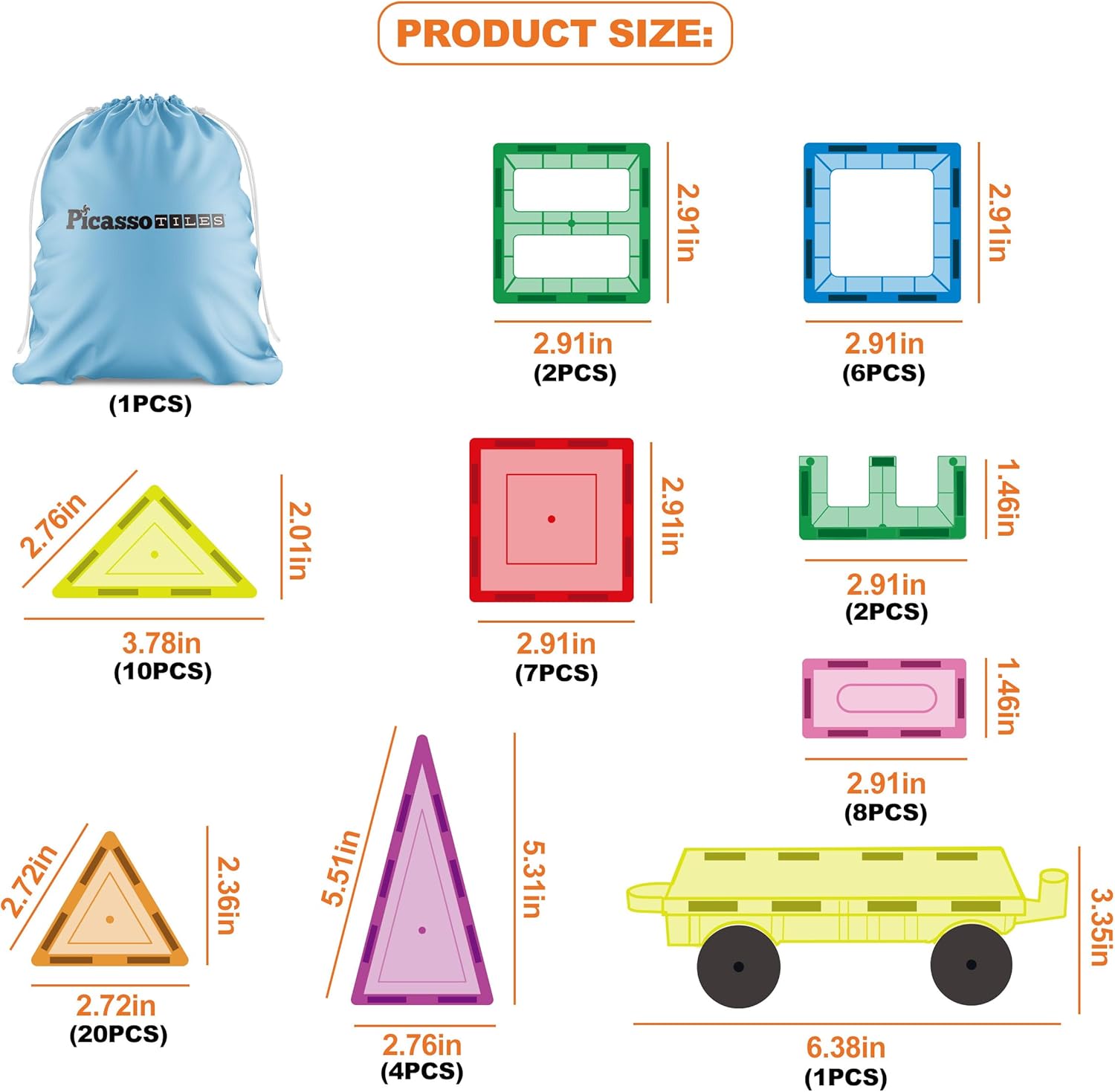 PicassoTiles Magnet Tile Building Blocks with Car Base Drawstring Storage Travel Bag Carry Case Magnetic Tiles Construction Toy STEM Learning Educational Kit Sensory Playset Preschool Kids 3+ PC61