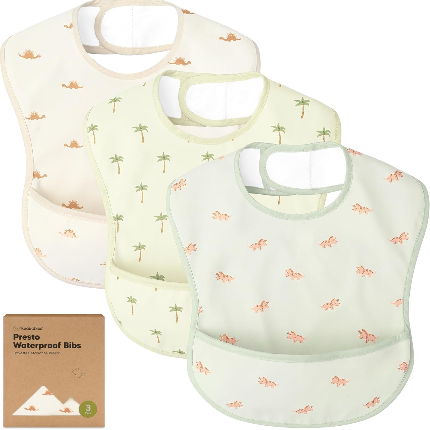 3-Pack Waterproof Baby Bibs for Eating - Lightweight Toddler Feeding Bibs with Large Food Catcher, Mess Proof, Food-Grade Baby Eating Essentials, Easy to Put On & Clean (Roarsome)