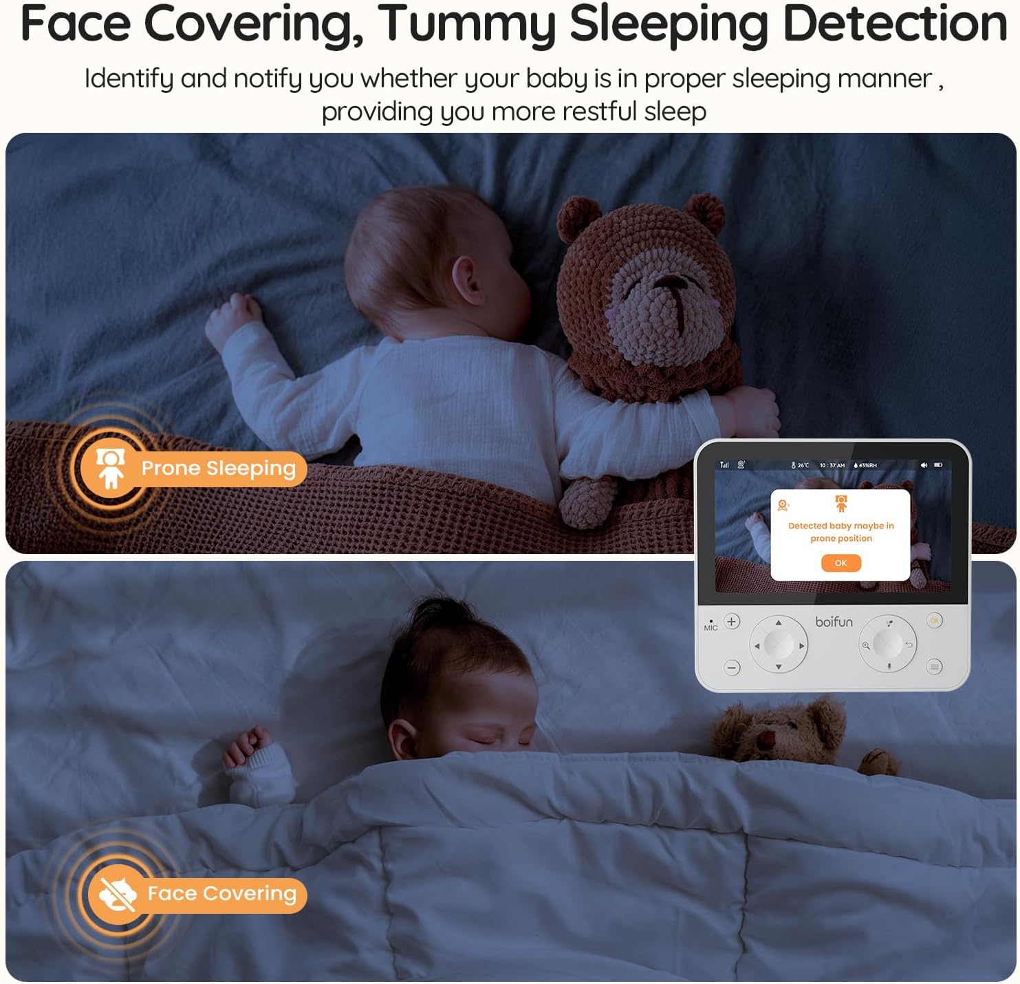 BOIFUN 5.5" AI 4MP Baby Monitor Pro Max: App (Wi-Fi) and Monitor (No Wi-Fi) Control, Upgrade AI Detection (Tummy Sleeping & Face Area), Colorful Night Light, 360° Camera, Motion & Sound Detection