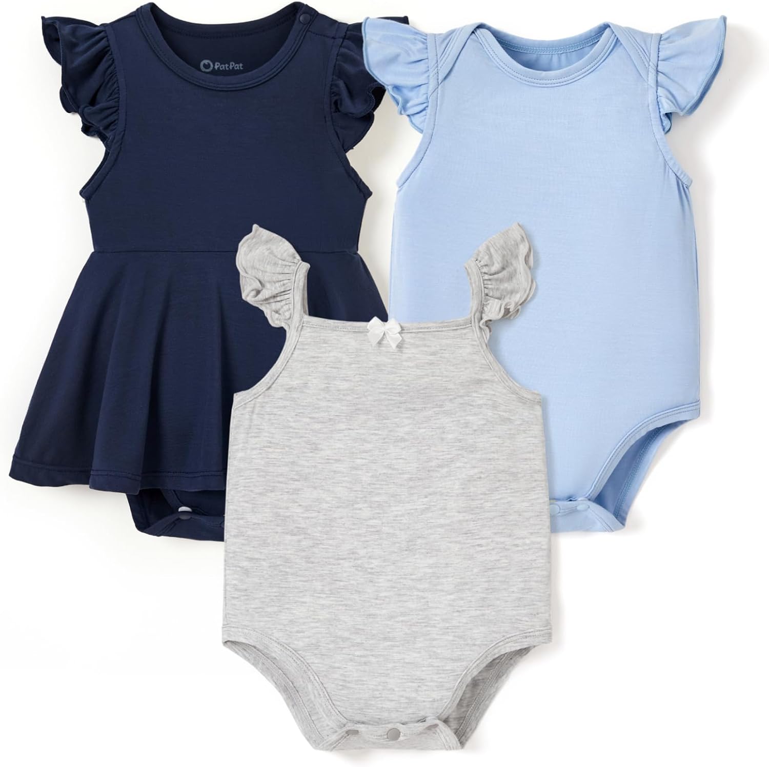 PATPAT Baby Girl Bodysuits - Soft Bamboo Viscose - Flutter Sleeves Cute Dress - Newborn Infant Summer Clothes - 3 Pack
