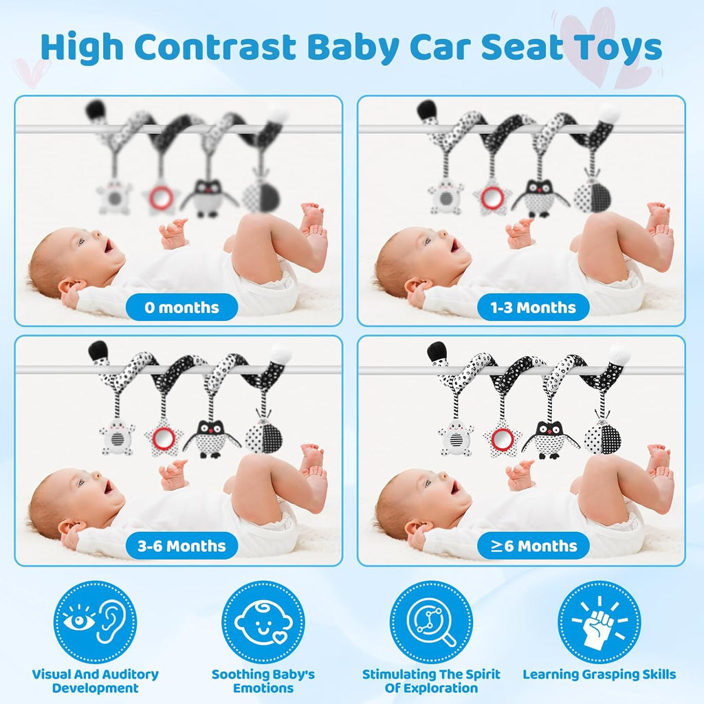 High Contrast Baby Toys - Black & White Hanging Toys for Car Seat, Stroller & Crib | Newborn Essentials 0-6 Months | Perfect
