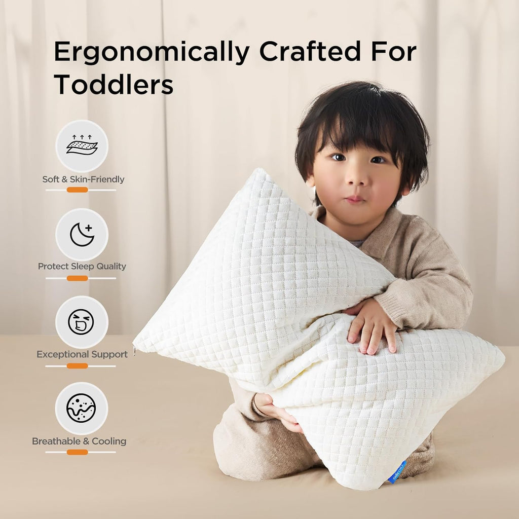 Memory Foam Toddler Pillow,20X14’ Kids Pillow with Machine Washable Comfortable Pillowcase Rayon Derived from Bamboo,Adjustable Height Toddler Pillows for Sleeping 2-6 Years Old (1, White)