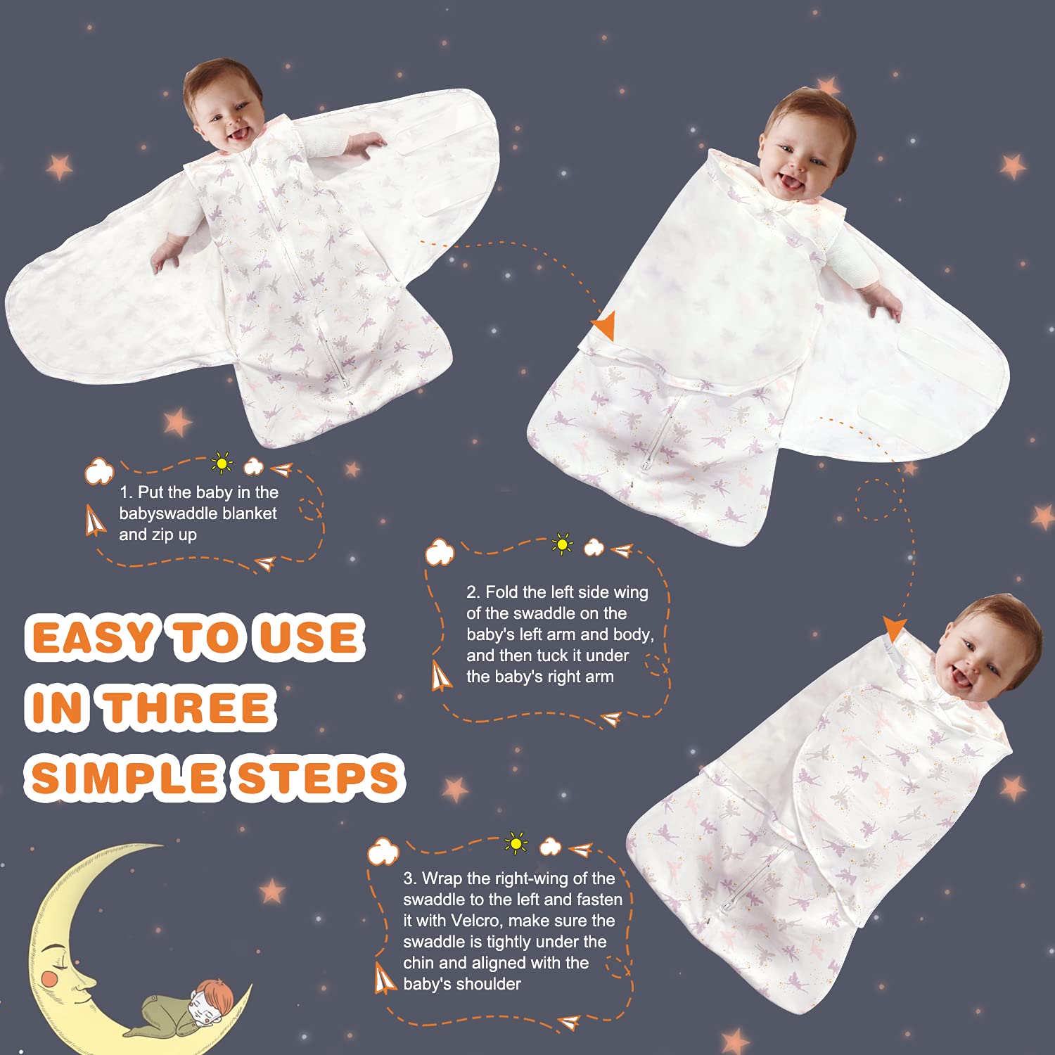 Swaddle-Blanket Baby Girl & Boy Swaddles Newborn Infant Transition 100% Cotton Wrap Blankets, 3-Way Adjustable Wearable Blanket, TOG 1.0 (Little Fairy, 3-6 Month)