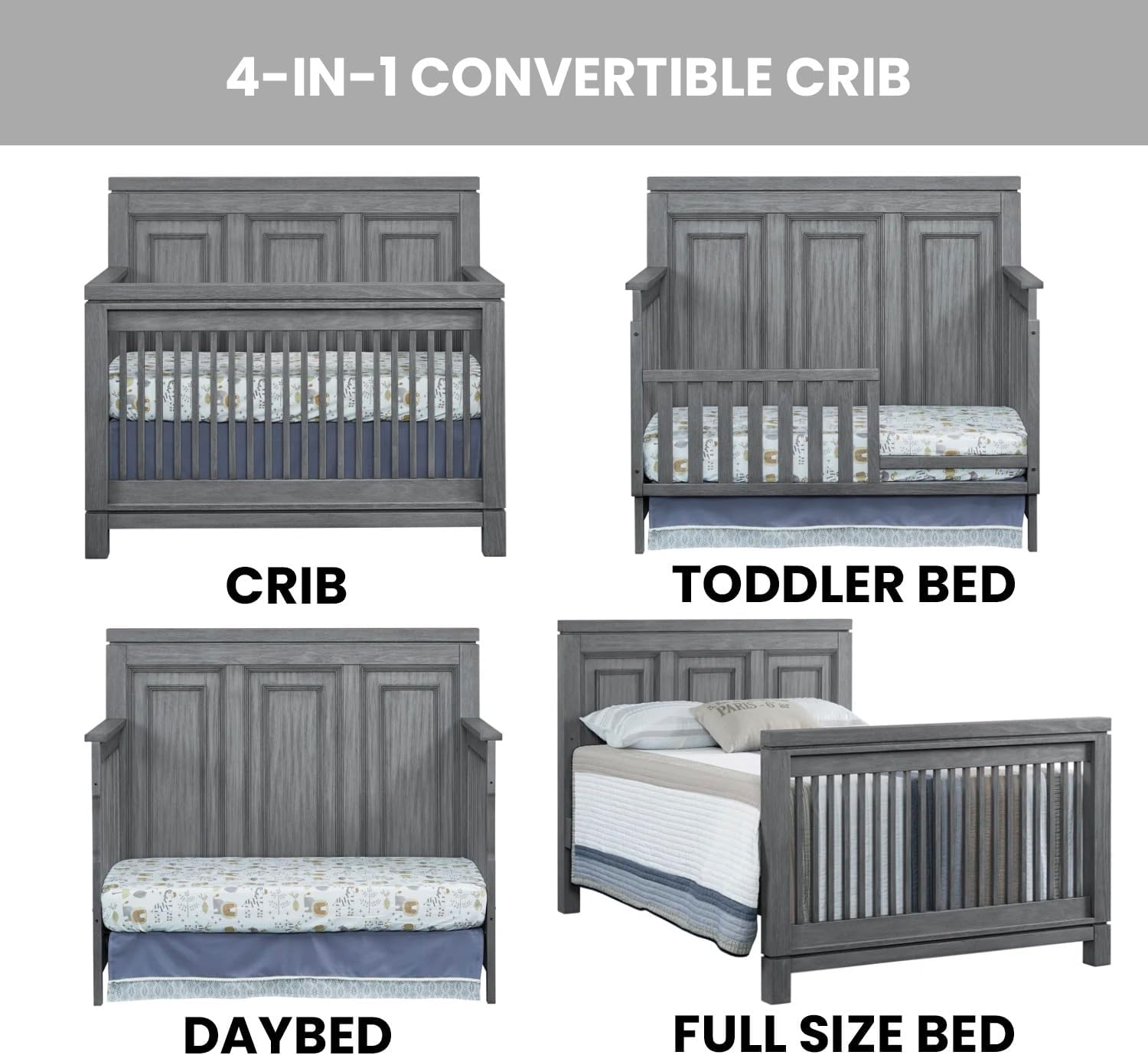 Soho Baby Manchester Premium 4-in-1 Convertible Crib, Flat-Top Headboard, Rustic Gray, GreenGuard Gold Certified