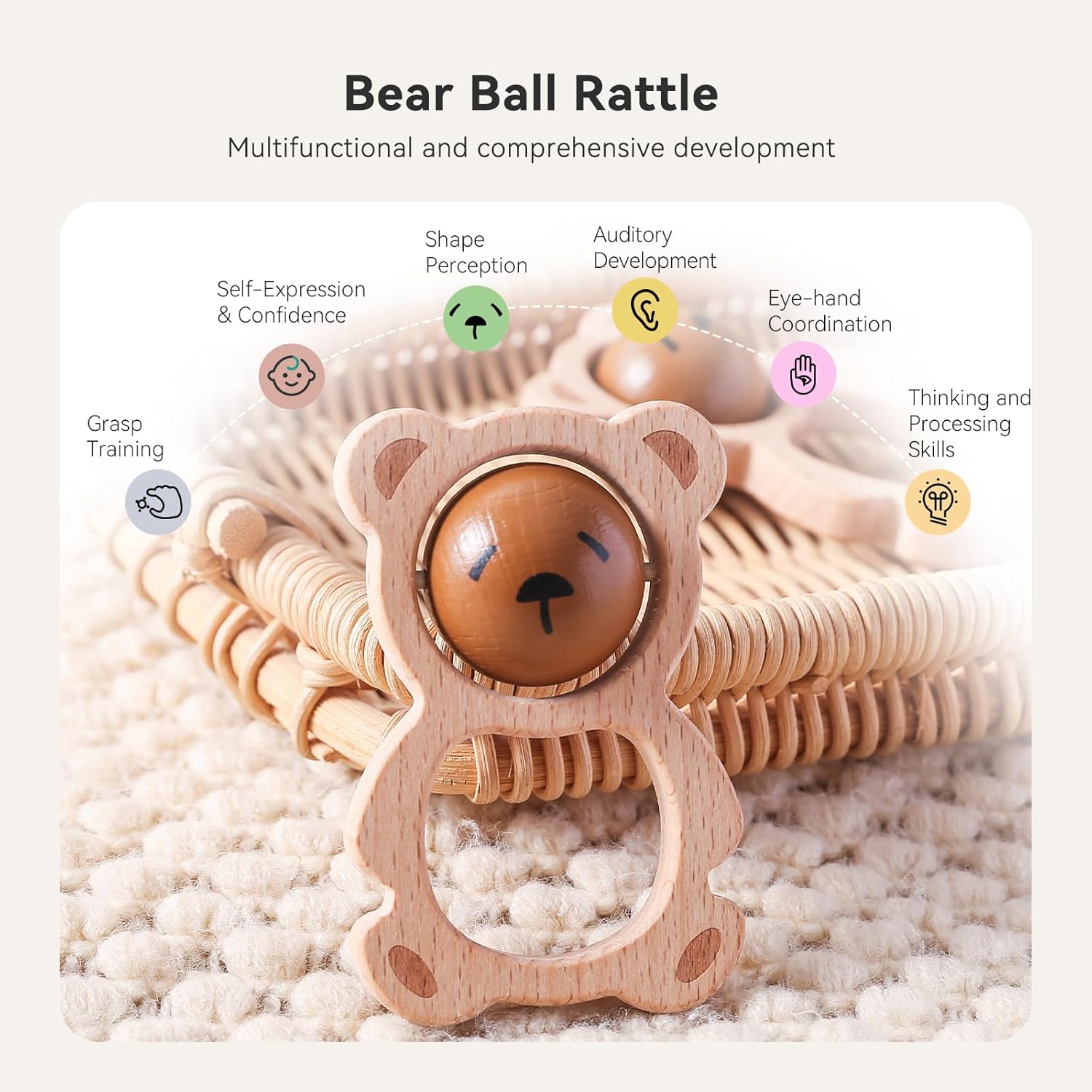 Wooden Baby Rattle Toys, Newborn Rattle Toys 0-12 Months Handmade Baby Clutching Toys | Natural Wooden Baby Teething Toys | Baby Shower/Birthday Gifts (Cute Bear Rattle)