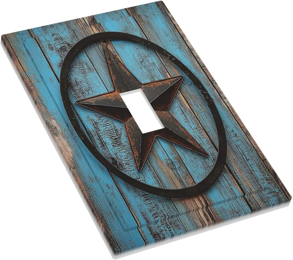 Decorative Light Switch Cover Rustic Wood Country Barn Texas Star On Teal 1 Gang Single Toggle Device Electrical Faceplate Switchplates Decorator Outlet Wall Plate For Farmhouse Cabin
