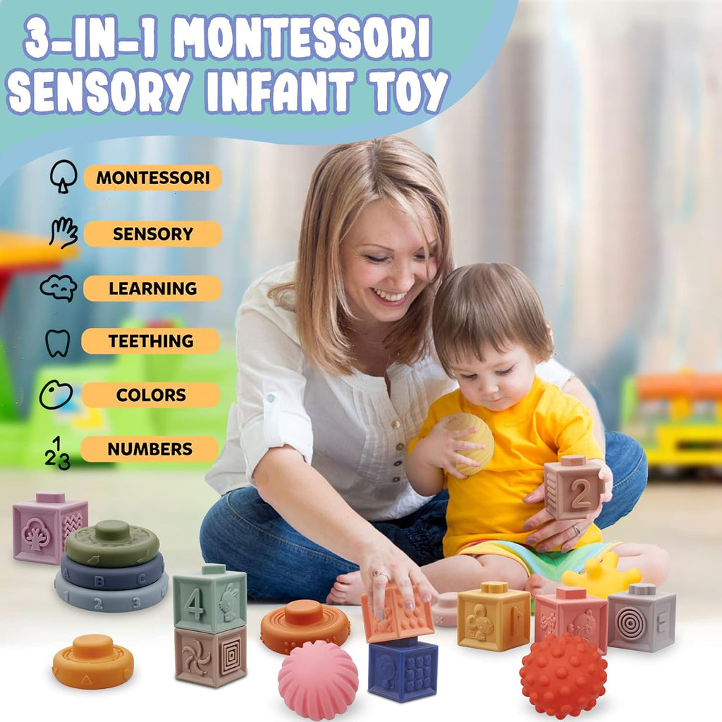 Montessori Toys for Babies 6-12 Months, Soft Baby Blocks Toys Set, 3 in 1 Infant Stacking Building Blocks, Teething Toys Sensory Balls Educational Learning Toys for Toddlers 3-6-9-11 Months Boys Girls