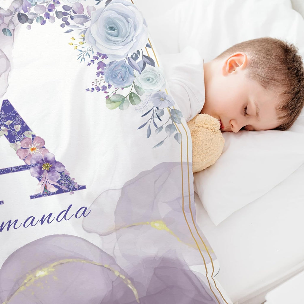 Personalized Baby Blanket with Name, Custom Floral Name Blanket Toddler Girls Soft Flannne Swaddling Blankets Customized Monogram Memorial Gift for Infant Newborn Shower