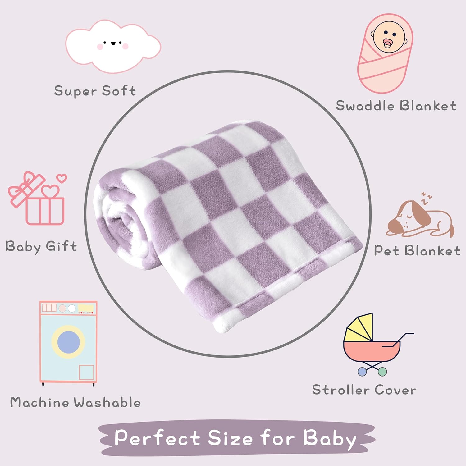 Yurhap Checkered Baby Blanket Fleece Baby Blankets for Girls, Ultra Soft Cozy Fluffy Infant Toddler Newborn Receiving Blankets for Crib Stroller, 30''x40'', Purple