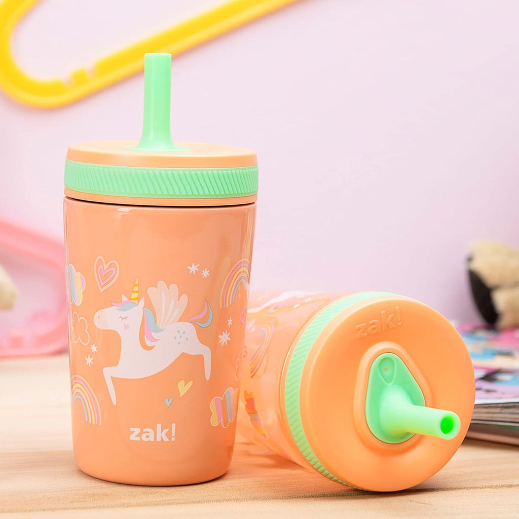 Zak Designs Unicorn Kelso Tumbler Set, Leak-Proof Screw-On Lid with Straw, Bundle for Kids Includes Plastic and Stainless Steel Cups with Bonus Sipper, 3pc Set, Non-BPA, 15 fl.oz.