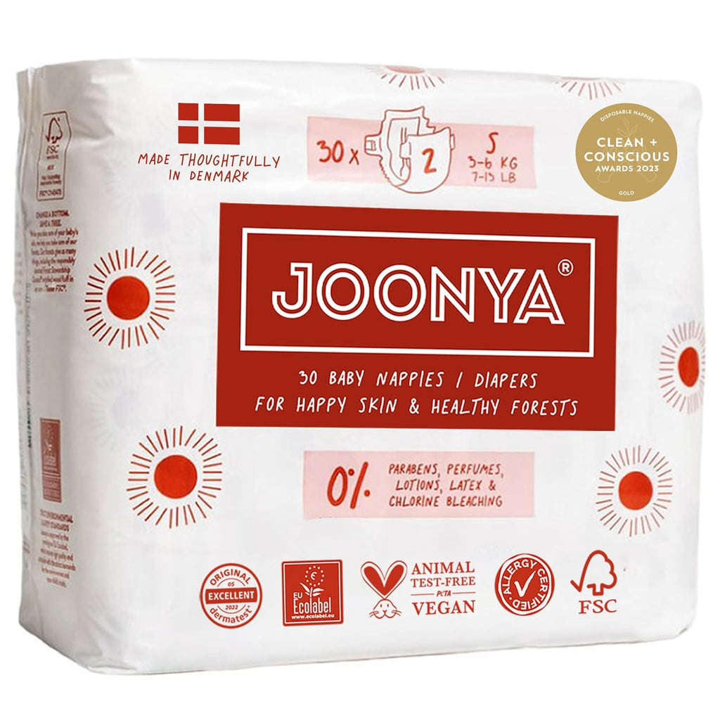 Joonya Baby Diapers, Size 2 S (7-13 lb) - 1 Bag of 30 - New Range - NonToxic, Eco-Friendly, Ultra Slim, Overnight Use - Made in Denmark