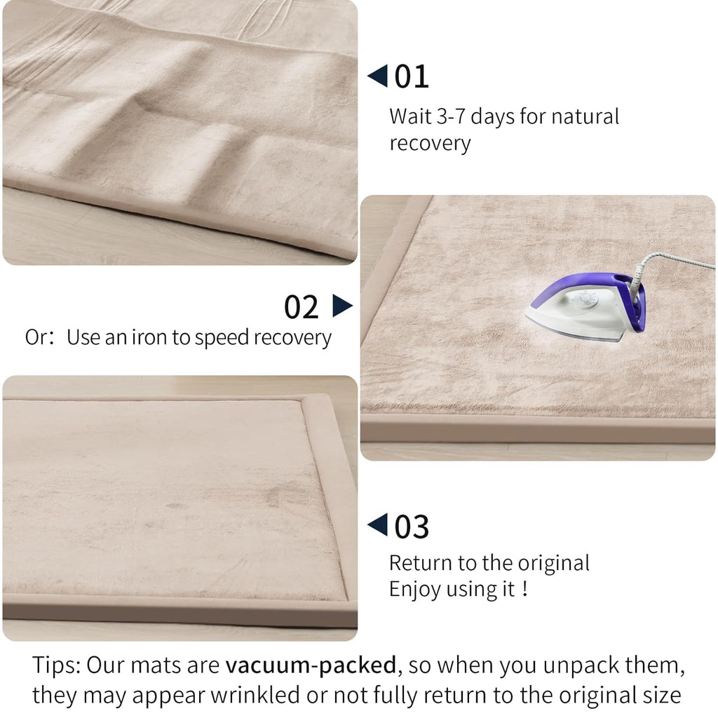 ACOMOPACK Baby Play Mat for Floor 1.3" Thick Memory Foam Play Mat 71"×79" Tummy Time Crawling with Non-Slip Bottom for Living Room,Nursery,Soft Velvet Playpen Mats for Kids,Infants（Beige）