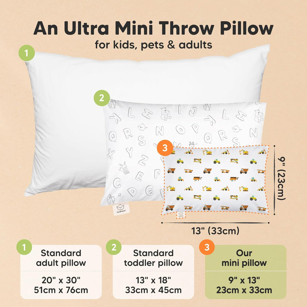 Mini Toddler Pillow with Pillowcase - 9x13 My Little Dreamy Travel Kids Pillow for Sleeping, Toddler Bed, Small, Tiny, Organic Cotton Pillowcase, Soft & Breathable, Kids 2-4 Years Old (Construction)