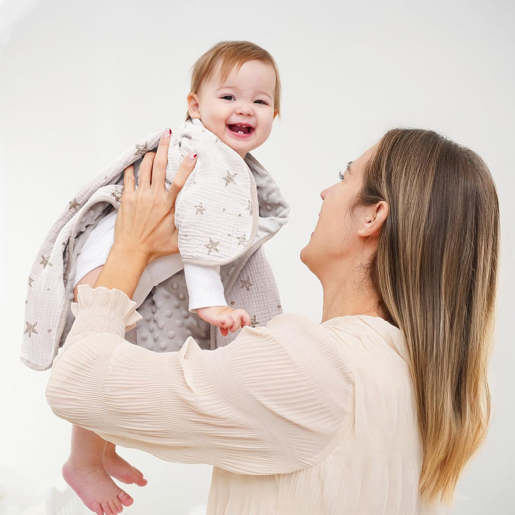 Susurration Baby Blanket for Unisex Boys Girls, Soft Nursery Minky Blanket with Muslin Cotton Front and Dotted Fleece Back, Receiving Blanket for Baby Newborn Infant, 30x40inch (Beige Star)