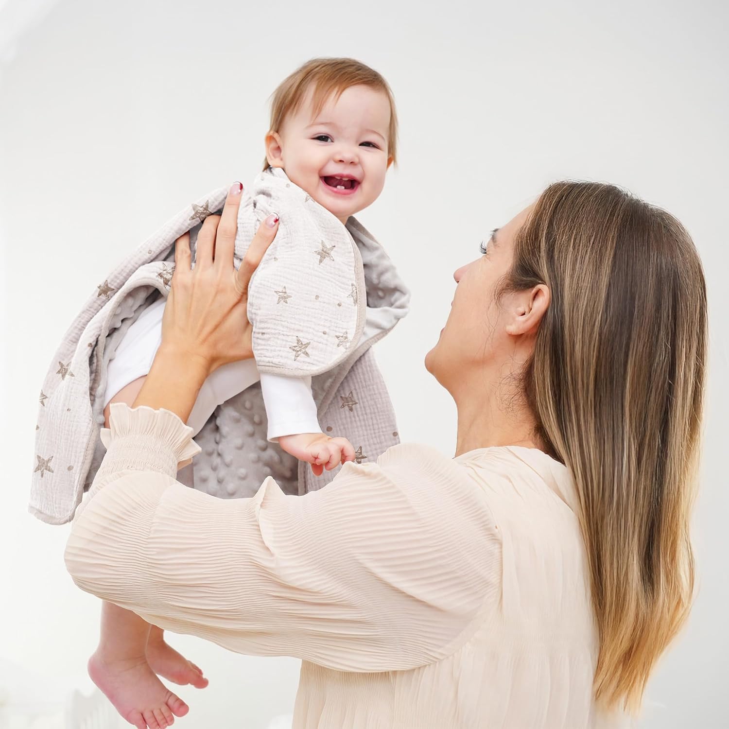 Susurration Baby Blanket for Unisex Boys Girls, Soft Nursery Minky Blanket with Muslin Cotton Front and Dotted Fleece Back, Receiving Blanket for Baby Newborn Infant, 30x40inch (Beige Star)