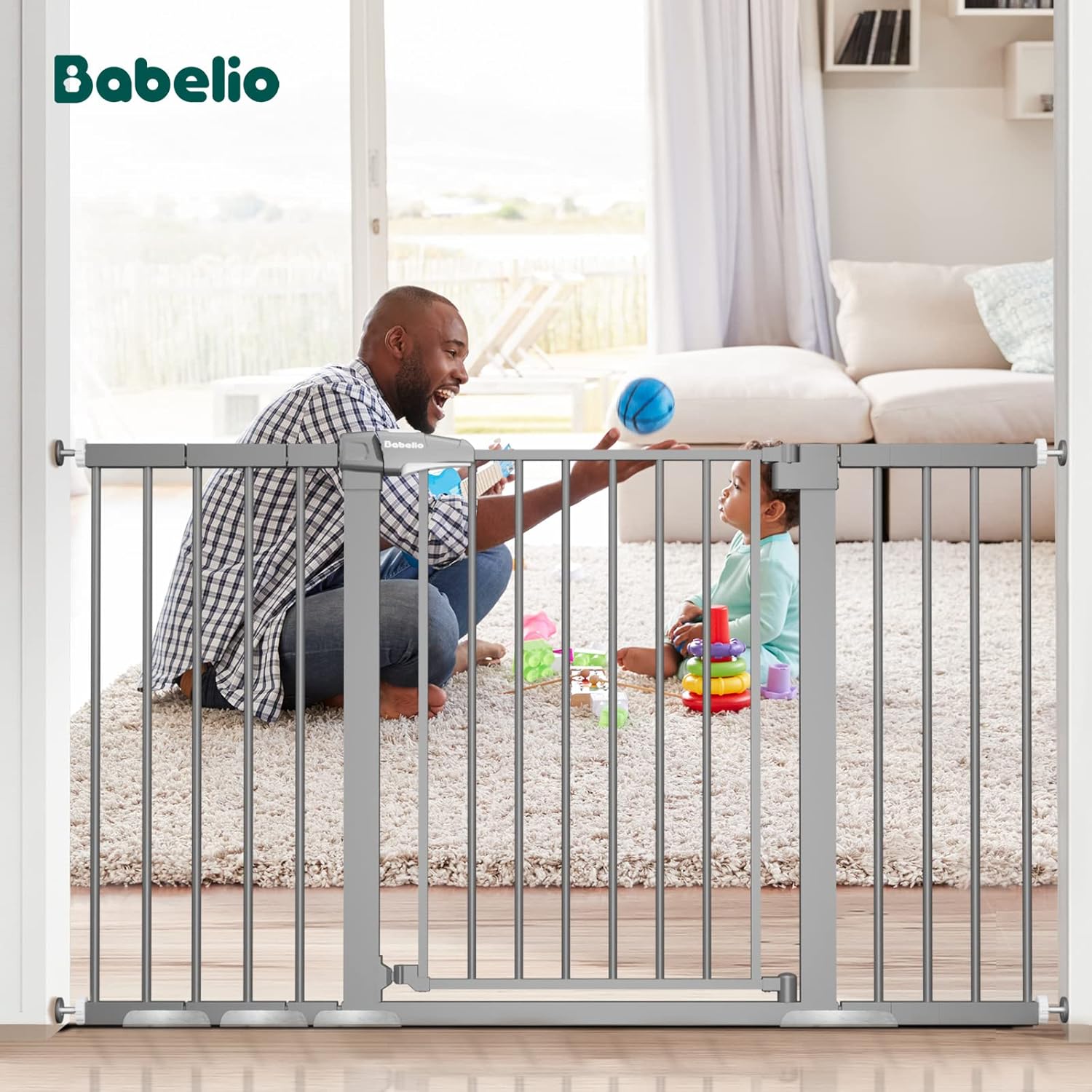BABELIO 29-55 Inch Extra Wide Baby/Dog Gate, Metal Auto Close for The House and Doorways, Pressure Mounted Pet Door, NO Need Tools and Drilling, with Wall Cups, Gray