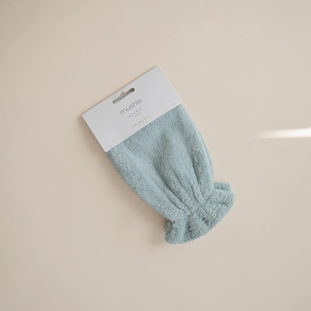 mushie Baby Bath Mitt | Organic Cotton | Pack of 2 (Sea Mist)