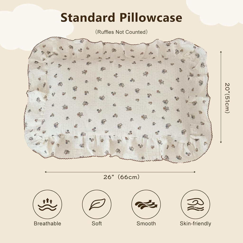 BuLuTu 100% Cotton Muslin Pillow Covers Fit for Kids Standard Size Pillow, Pansy Floral Print with Dots Pattern Children Ruffled Pillow Case, 1 pc, 20x26 Inch, Machine Washable