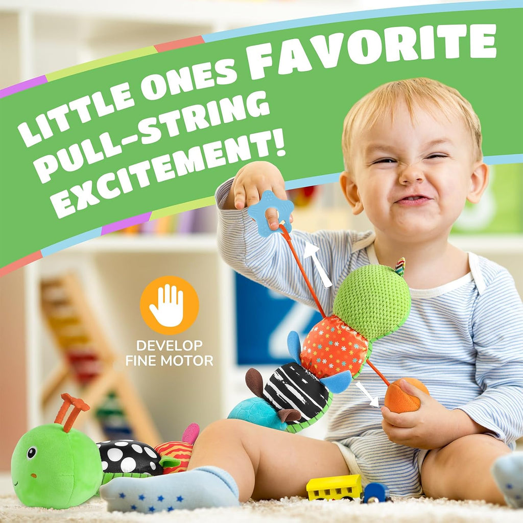 Baby Toys 6-12 Months Music Caterpillar Infant Toys Stuffed Animals 0-3-6 Months Tummy Time Teething Sensory Toys with Mirror Rattle&Pull String for Boys Girls Birthday Gifts|Grass Green,Leafy