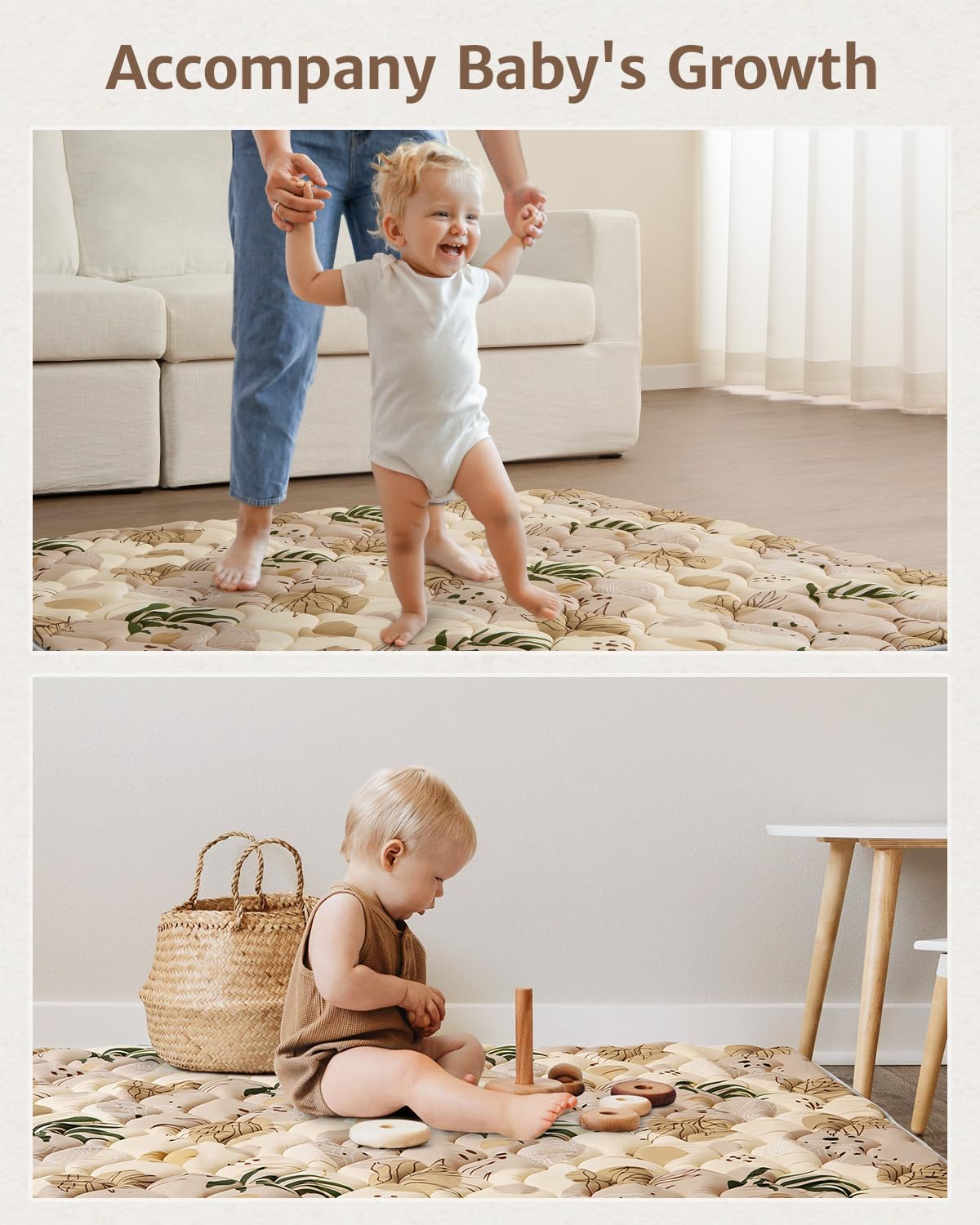 Blissful Diary Baby Play Mat, 47x47 Infant Play Mat for Playpen, Thicken Foam Cushioned Baby Mat for Floor, Non-Slip Kids Play Mat, Washable Baby Playmat for Babies,Toddlers, Earth Tones Design