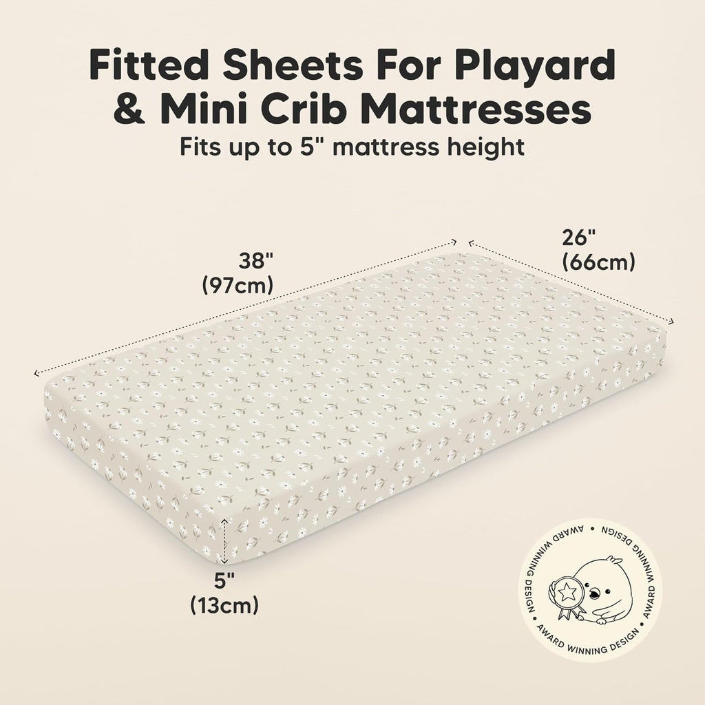 2-Pack Mini Crib Sheets Fitted - 38x26 Pack N Play Sheets for Pack and Play Mattress, Organic Cotton, Soft & Breathable Playard Bedding, Neutral Mini Toddler Bed Cover for Boys, Girls (Daisies)