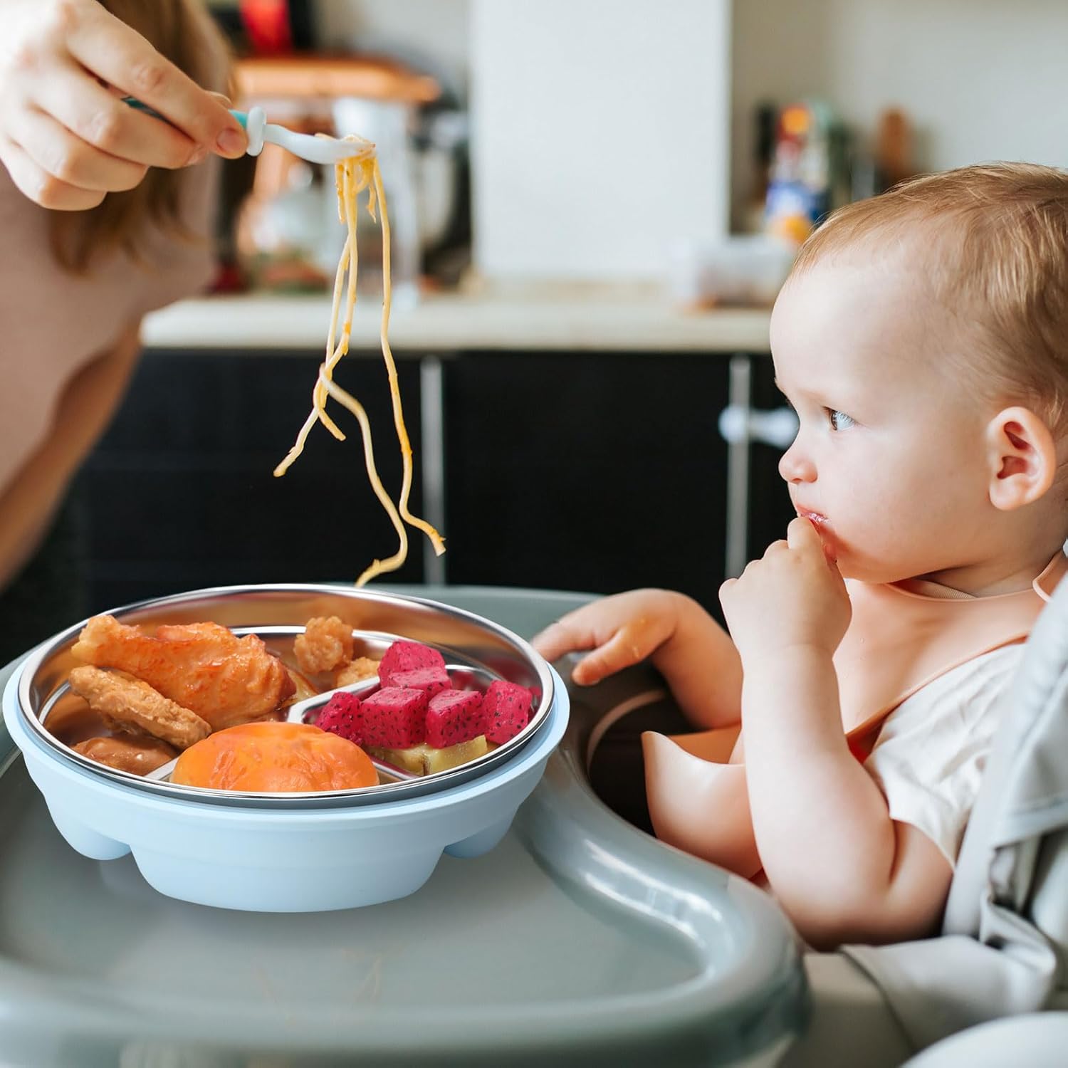 Nuogo 1 Pcs Stainless Steel Baby Suction Plates with Removable Silicone Shell 2-in-1 Metal Toddler Bowl Divided for Picky Eaters Kids Feeding Led Weaning Supplies, Dishwasher Safe (Light Blue)
