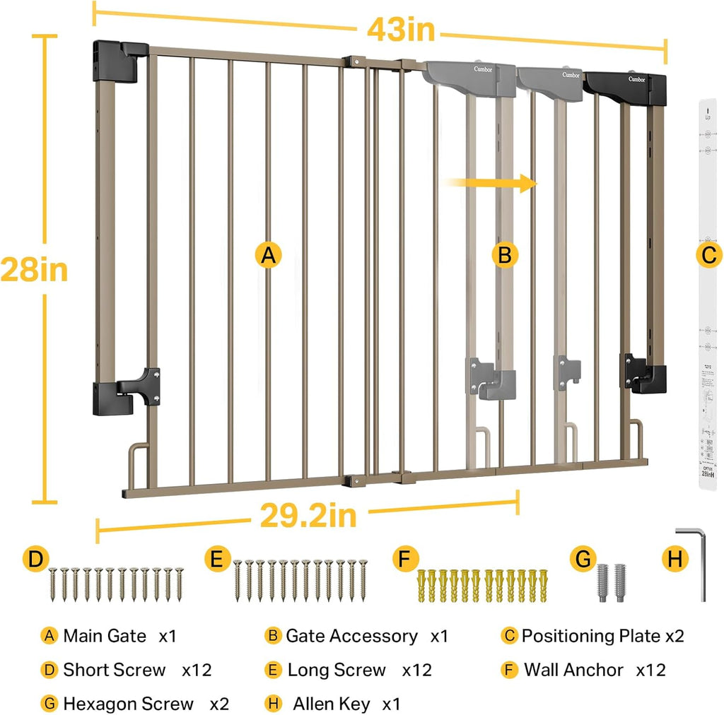 Cumbor 29.2-43" No Bottom Bar Baby Gate for Stairs, 2-in-1 Auto Close Dog Gate Indoor, Hardware Mounted Pet Gate for Doorways with Large Walk Thru Door, Child-Proof Safety Gate for Kids (Brown)