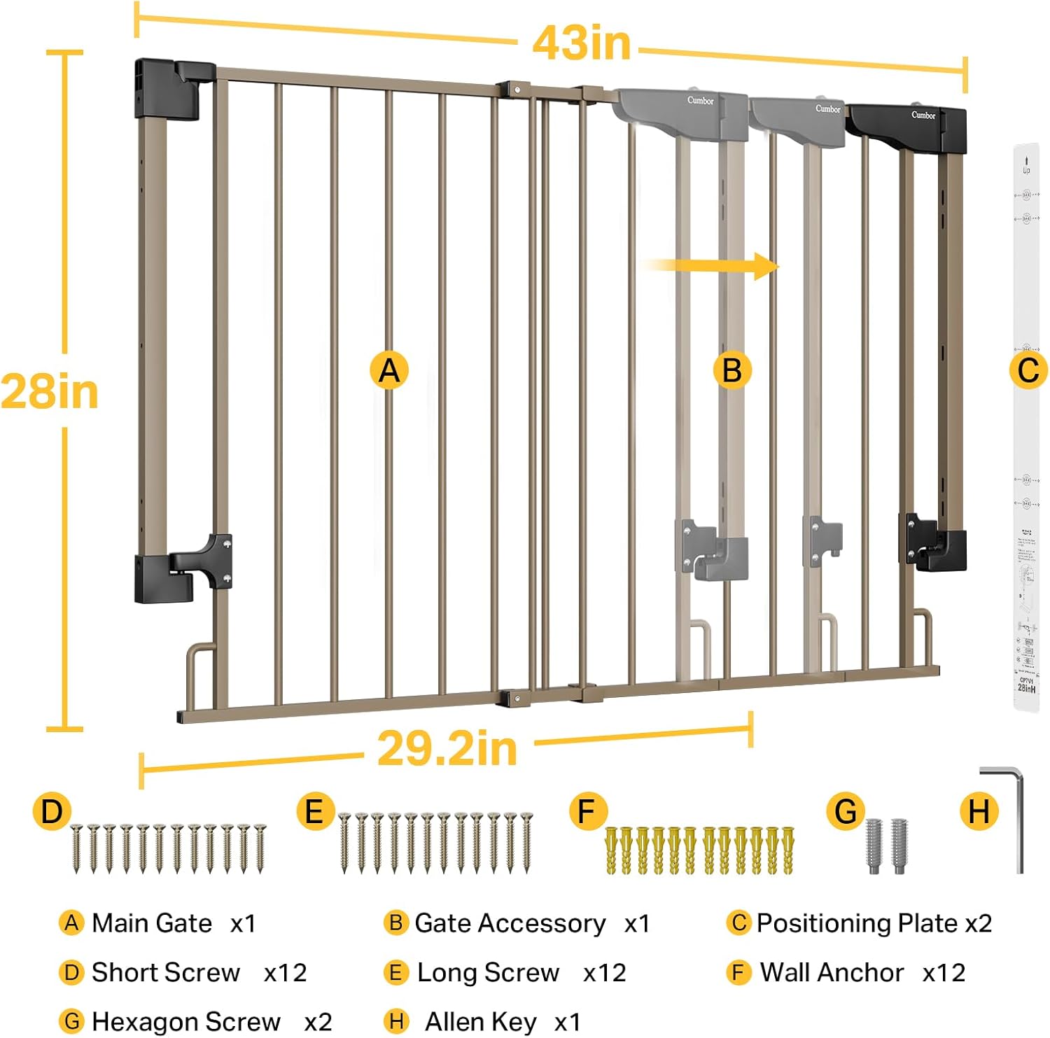 Cumbor 29.2-43" No Bottom Bar Baby Gate for Stairs, 2-in-1 Auto Close Dog Gate Indoor, Hardware Mounted Pet Gate for Doorways with Large Walk Thru Door, Child-Proof Safety Gate for Kids (Brown)