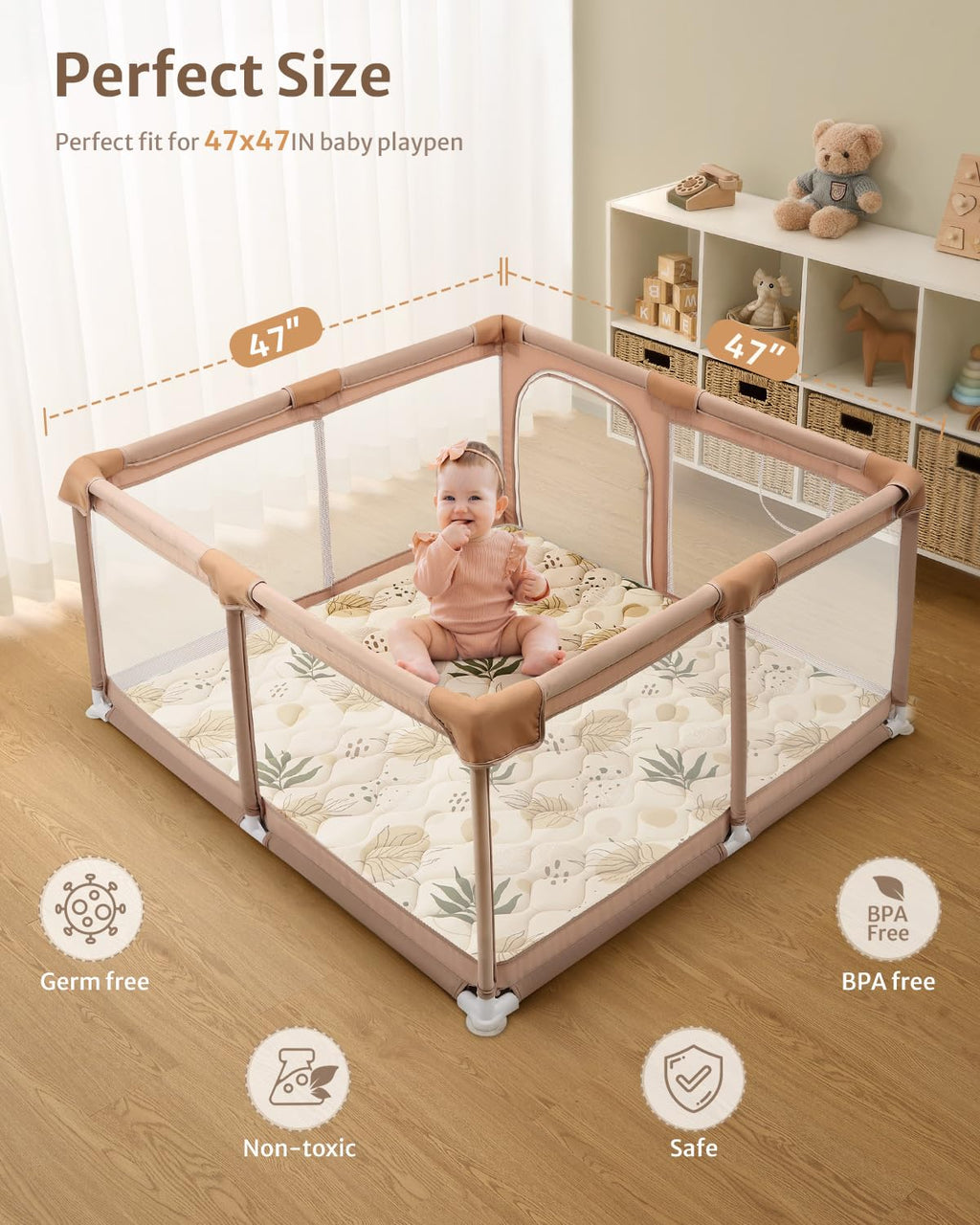 Blissful Diary Baby Play Mat, 47x47 Infant Play Mat for Playpen, Thicken Foam Cushioned Baby Mat for Floor, Non-Slip Kids Play Mat, Washable Baby Playmat for Babies,Toddlers, Earth Tones Design