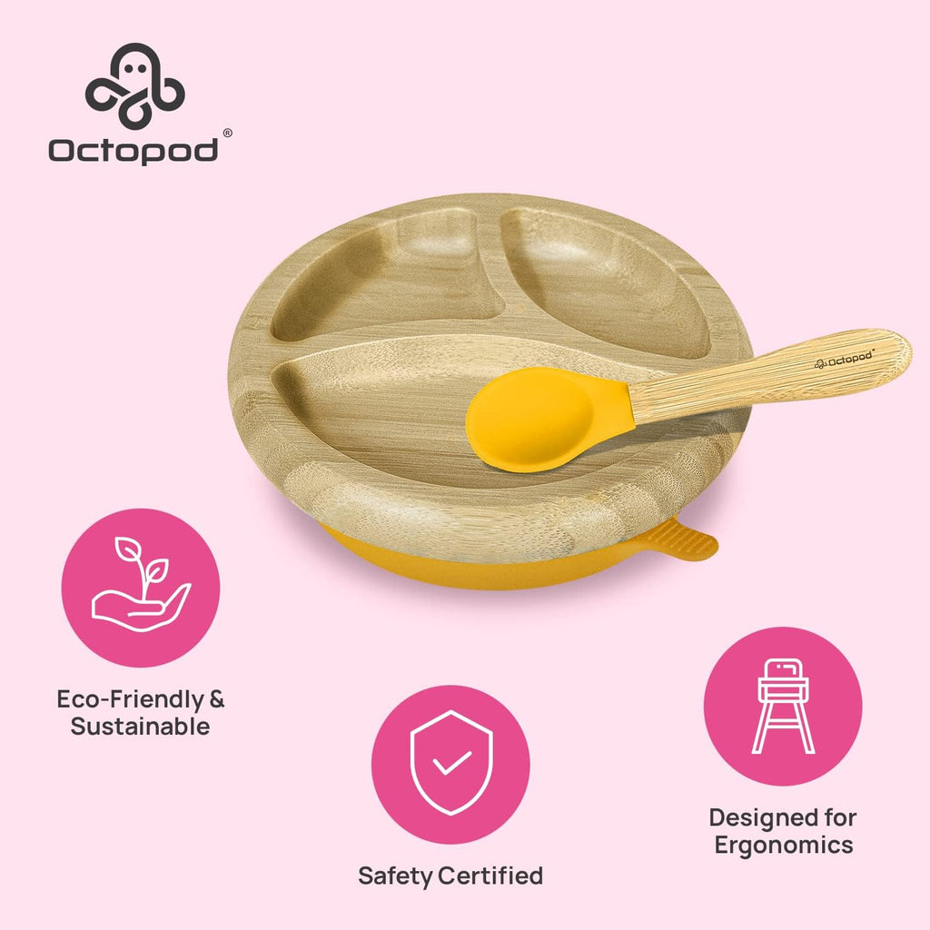 Abiie Octopod Bamboo Dish - Kids Plates for 4 months and up, 3-Compartment Baby Plates with Suction, Round Bamboo Baby Plate, Mess-Free Toddler Suction Plates, Baby Feeding Supplies, 7.5 x 7.5 x 1.9in
