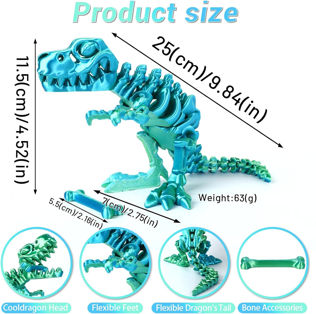 3D Printed Dinosaur Bone Skeleton Tyrannosaurus Rex with Movable Jaw Fidget Dinosaur Toys Full Articulated Dinosaur Executive Desk Toys Home Office Decor, Cyan