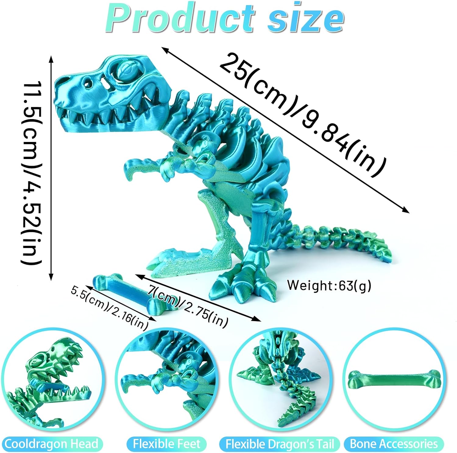 3D Printed Dinosaur Bone Skeleton Tyrannosaurus Rex with Movable Jaw Fidget Dinosaur Toys Full Articulated Dinosaur Executive Desk Toys Home Office Decor, Cyan