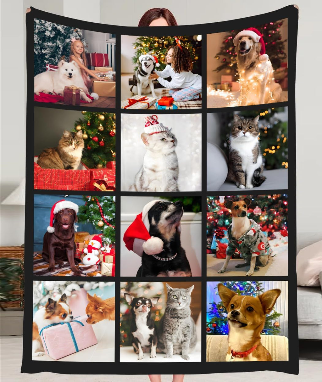 Custom Blankets with 12 Photos, Personalised Gifts for Mom Dad Girlfriend Boyfriend on Christmas, Customized Blanket for Couples
