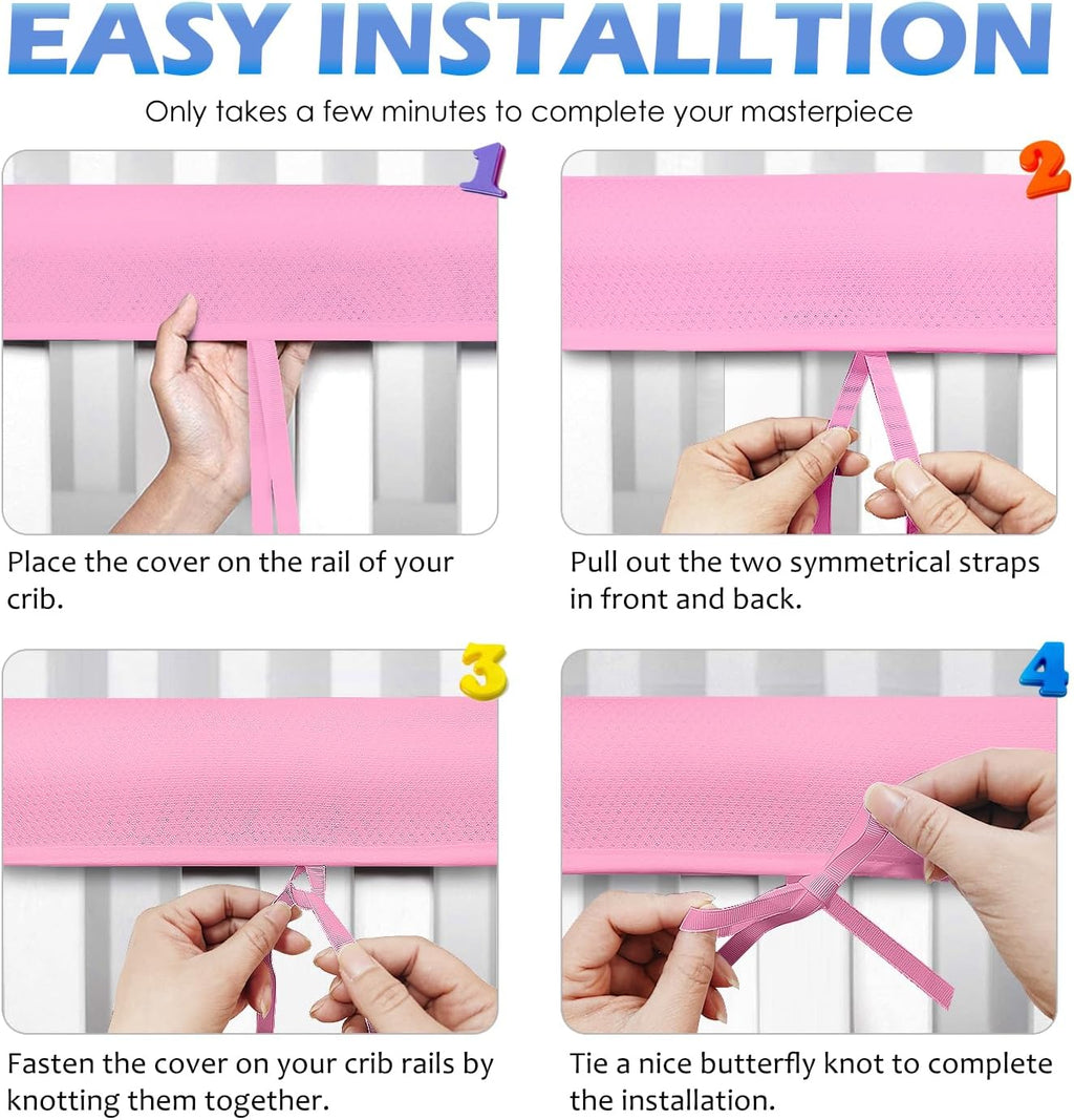 3 in 1 Breathable Crib Rail Covers for Life Size Cribs,White Soft Anti-Collision Strip Corner Covers,Protect Baby Teeth and Save Crib Rails, Rail Edge Protector Strip (Pink-4pc)