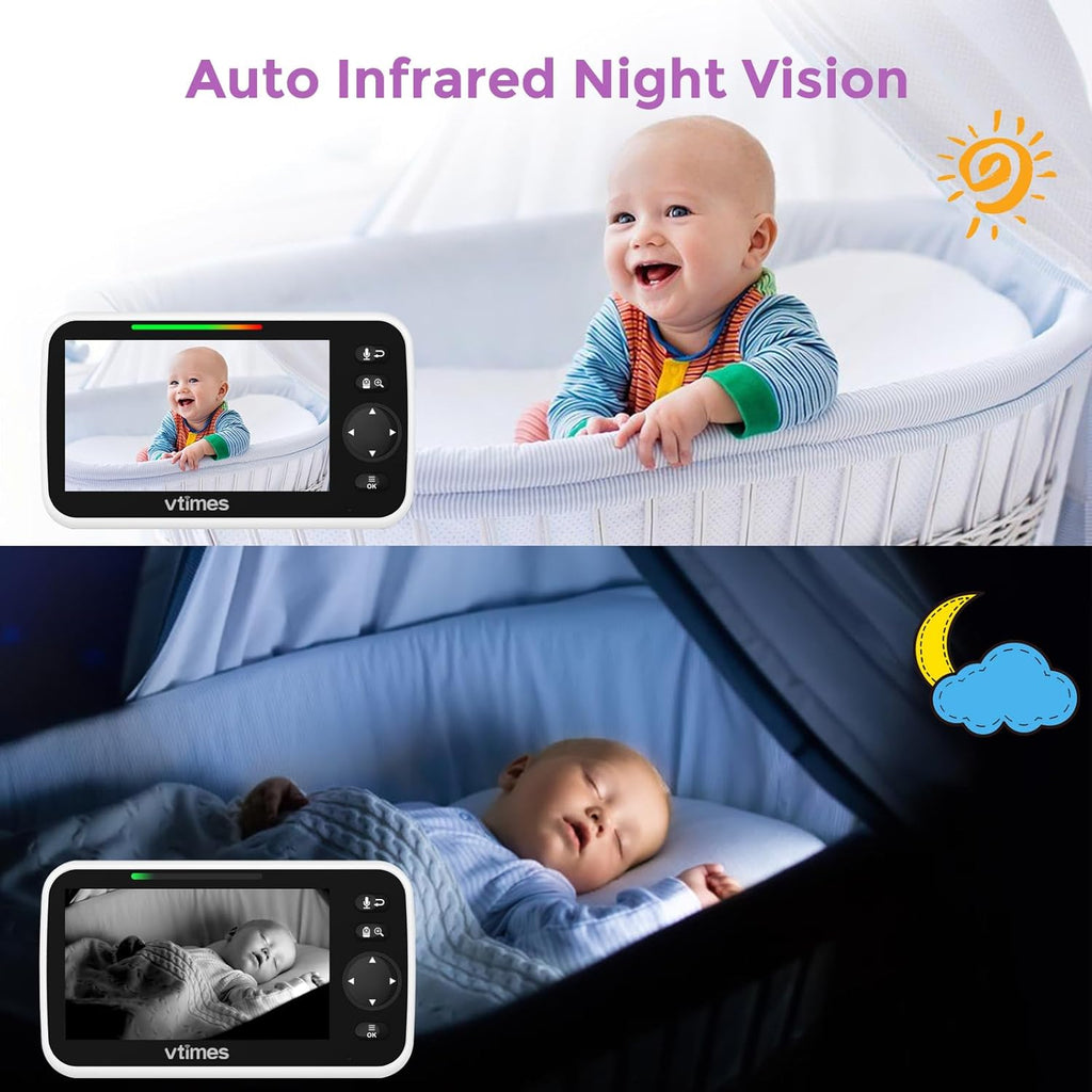 Baby Monitor Video Baby Monitor with Camera and Audio No WiFi 5" LCD Screen, Two-Way Audio, Night Vision,1000ft Range, 2X Zoom Temperature Display, Lullaby Elderly Pet