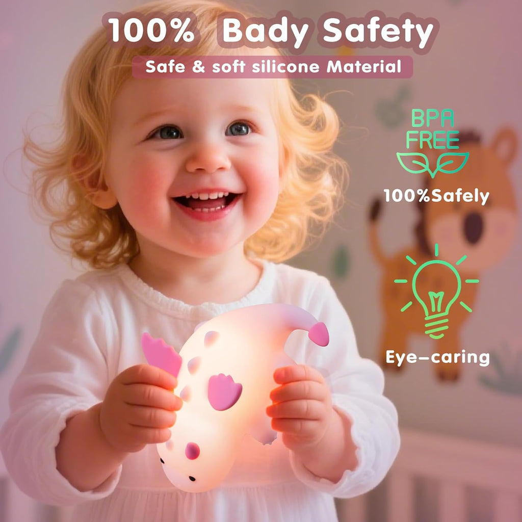 Cute Baby Dragon Kids Night Light for Kids,Cute Soft Silicone Lamp 3 Level Dimmable Changing Rechargeable Breastfeeding Nursery Portable Kawaii Lamps,Bedside Lamp for Baby and Toddler,Boy Girls（Pink）
