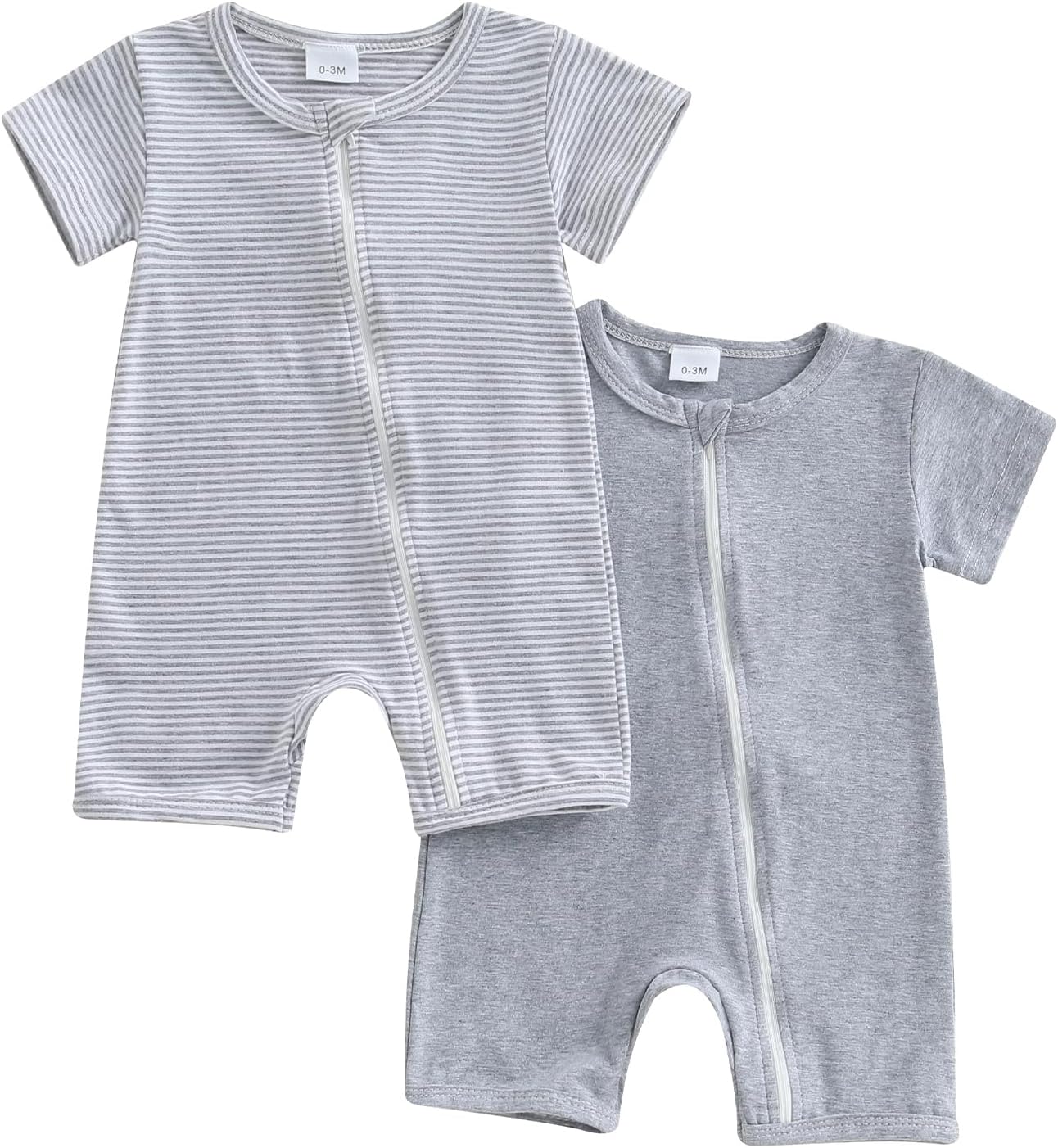 Merqwadd Baby Boy Girl 2 Pack Romper Short Sleeve Zipper Jumpsuit Plain Summer Clothes