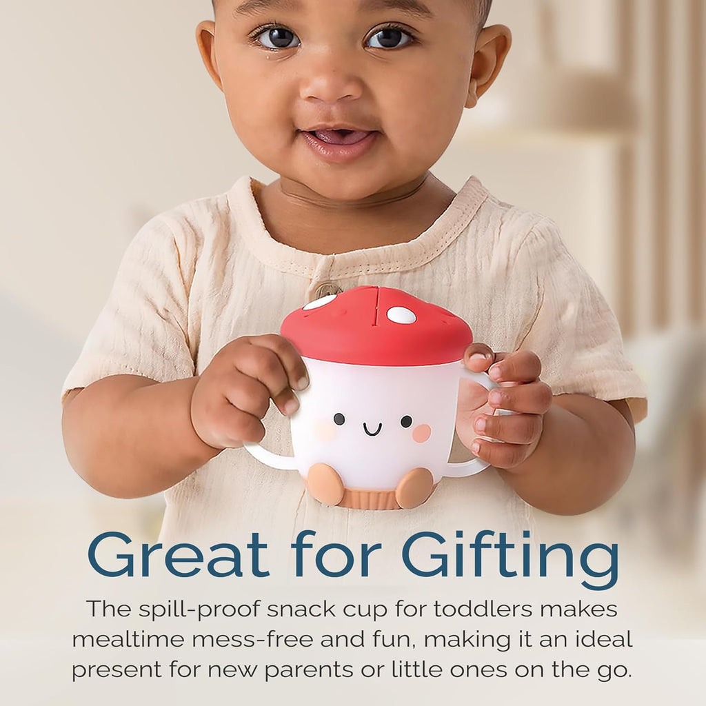 Itzy Ritzy Toddler Snack Cup - Spill-Proof Snack Cup for Toddlers with Soft Silicone Lid for Easy Food Access - Easy-To-Hold Kids Snacks Container With Handles - Ideal for 12 months & Up (Mushroom)