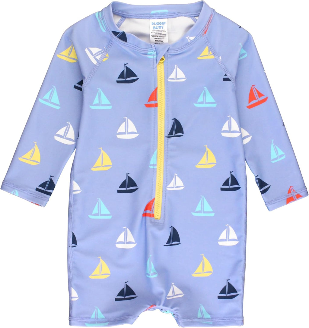 RUGGEDBUTTS Baby/Toddler Boy Swimsuit, One Piece Zipper Rash Guard Sunsuit with UPF 50+ Sun Protection