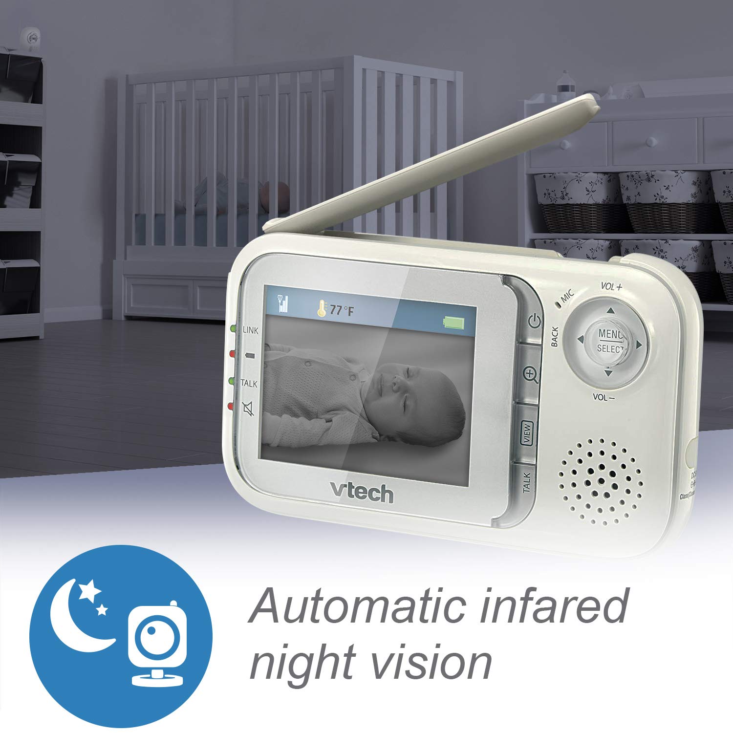 VTech VM321 Video Baby Monitor with Automatic Infrared Night Vision, Adjustable Camera, Zoom, 5 Soothing Lullabies & 1,000 Feet of Range
